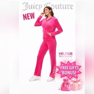 NWT! Juicy Couture Pink Velour Rhinestone Tracksuit Hoodie Pants Set • Size: (L)